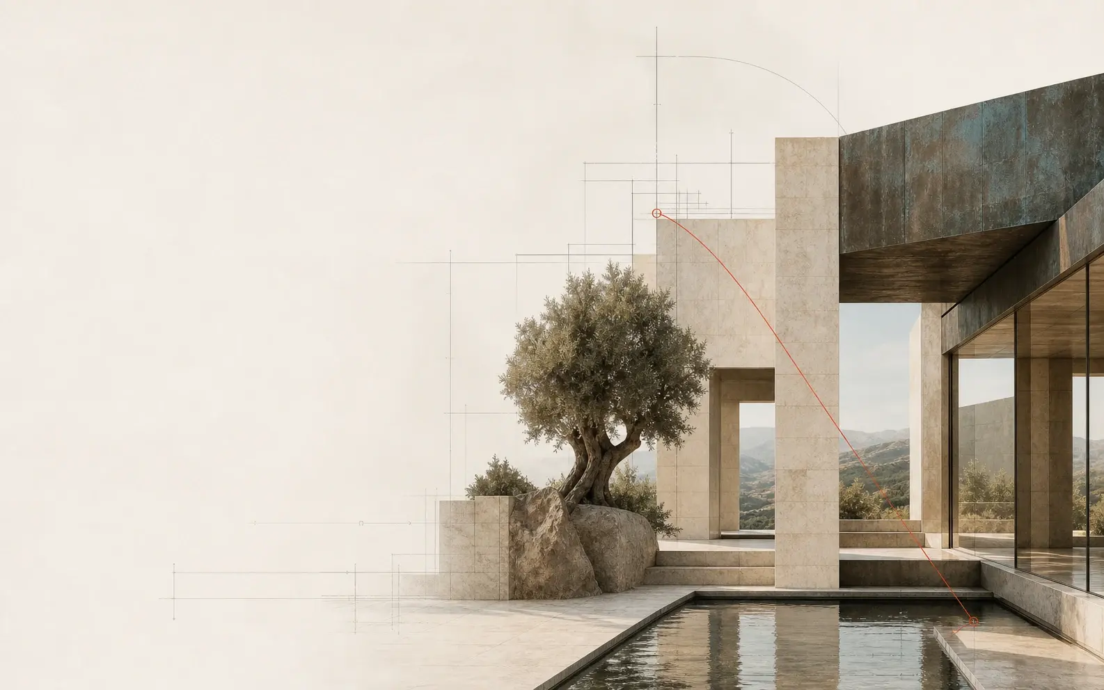 An imagined limestone place in a mountain landscape, connected by a fine drawing line
