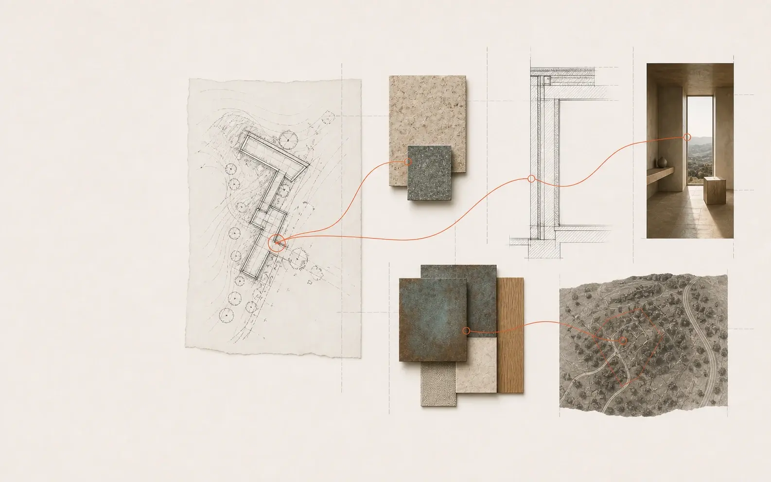 An imagined project plan, construction detail, material studies, interior view, and site context connected by a fine red line